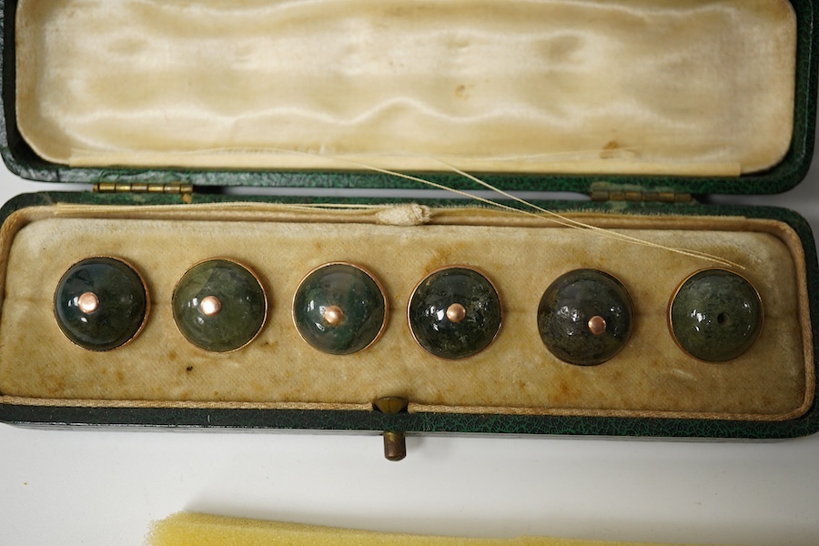 Two sets of 6 Edwardian agate dress studs, three enamelled dress studs, a set of 10 small mother of pearl buttons and three mother of pearl studs. Condition - one gold metal centre to green agate boxed set missing